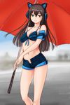  axent_wear bikini_top blush breasts brown_hair cat_ear_headphones cleavage green_eyes headphones idolmaster idolmaster_cinderella_girls long_hair looking_at_viewer medium_breasts midriff navel open_fly race_queen rasukaru shibuya_rin short_shorts shorts smile solo strap_gap umbrella 