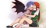  bat_wings bike_shorts black_bow blue_hair blush bow braid closed_eyes commentary_request hair_bow hong_meiling hug kneeling multiple_girls nuzzle red_eyes red_footwear red_hair remilia_scarlet shoes short_hair short_sleeves side_braid sitting smile terimayo touhou wings 