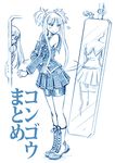  aoki_hagane_no_arpeggio bangs bbb_(friskuser) bike_shorts blue blunt_bangs boots cosplay cross-laced_footwear detached_sleeves dress heart highres iona iona_(cosplay) kongou_(aoki_hagane_no_arpeggio) lace-up_boots long_hair mirror monochrome multiple_girls necktie open_mouth peeking_out pleated_skirt reflection sidelocks simple_background skirt sleeveless sleeveless_dress smile sweatdrop tiptoes translation_request white_background 