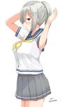  alternate_hairstyle arms_up blue_eyes blush breasts chaa_(korone-ze) from_side grey_skirt hair_ornament hairclip hamakaze_(kantai_collection) high_ponytail highres kantai_collection large_breasts looking_at_viewer looking_to_the_side neckerchief no_gloves no_legwear pleated_skirt ponytail school_uniform serafuku short_hair short_sleeves silver_hair simple_background skirt solo twitter_username white_background yellow_neckwear 