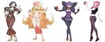  blonde_hair book breasts cattleya_(pokemon) cleavage dracaena_(pokemon) elite_four genzoman hand_on_hip high_heels highres holding holding_book holding_poke_ball long_hair looking_at_viewer looking_to_the_side medium_breasts midriff multiple_girls open_mouth pachira_(pokemon) parody pink_hair poke_ball pokemon pokemon_(game) pokemon_bw pokemon_xy shikimi_(pokemon) style_parody sunglasses team_flare very_long_hair wide_hips 