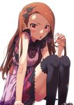  black_legwear blush bow brown_hair dress hair_bow highres idolmaster idolmaster_(classic) long_hair looking_at_viewer minase_iori narumi_arata open_mouth red_eyes simple_background sitting sleeveless sleeveless_dress solo sweatdrop thighhighs white_background 