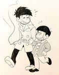  age_difference ankie child cigarette closed_eyes freckles greyscale hand_in_pocket hand_on_hip long_sleeves male_focus matsuno_osomatsu messy_hair monochrome multiple_boys osomatsu-kun sextuplet_(osomatsu-kun) smile totoko's_brother trench_coat walking wing_collar 