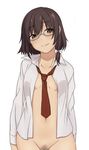  arms_at_sides bad_id bad_twitter_id bottomless bow brown_eyes brown_hair glasses groin hair_bow looking_at_viewer navel necktie no_bra open_clothes open_shirt pubic_hair shirt short_hair smile solo touhou toujou_(toujou_ramen) upper_body usami_renko white_background 
