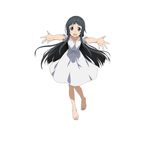  :d barefoot black_eyes black_hair collarbone dress full_body highres hime_cut long_hair official_art open_mouth outstretched_arms outstretched_hand simple_background smile solo sword_art_online sword_art_online:_code_register white_background white_dress yui_(sao) 