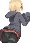  ass black_legwear blonde_hair blush crotch_seam ear_piercing earrings from_behind hair_over_one_eye highres hood hood_down hoodie idolmaster idolmaster_cinderella_girls jewelry kamata_yuuya looking_back panties panties_under_pantyhose pantyhose piercing pleated_skirt shirasaka_koume short_hair skirt sleeves_past_fingers sleeves_past_wrists solo thighband_pantyhose underwear upskirt white_panties 