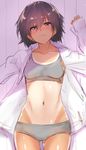  arm_up ass_visible_through_thighs black_hair blush bra breasts brown_eyes closed_mouth collarbone collared_shirt copyright_request cowboy_shot expressionless from_above grey_bra grey_panties hair_between_eyes isshiki_(ffmania7) long_sleeves looking_at_viewer looking_up lying midriff navel on_back one-piece_tan open_clothes open_shirt panties shirt short_hair sketch small_breasts solo stomach tan tanline underwear white_shirt wing_collar 