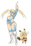  blonde_hair blue_eyes boots breasts cleavage ears inkerton-kun long_hair mask open_mouth pikachu pointing pointing_up pokemon rainbow_mika simple_background street_fighter white_background wide_hips wrestling_outfit 