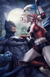  1girl ammunition_belt batman batman_(series) black_gloves blonde_hair cape dc_comics gloves hammer harley_quinn jpeg_artifacts mask midriff moon multicolored_hair red_gloves short_shorts shorts stanley_lau superhero twintails 