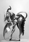  adjusting_hair artstation_sample bangku_an breasts capelet full_body greyscale hanging_breasts high_heels hoof_shoes horn image_sample large_breasts lips monochrome realistic single_wing solo tail wings 