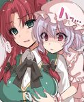  2girls asa_(coco) bow braid breast_envy breast_grab breasts colorized grabbing green_eyes groping hair_bow hat hong_meiling large_breasts lavender_hair long_hair long_sleeves mob_cap multiple_girls open_mouth pointy_ears puffy_sleeves red_eyes red_hair remilia_scarlet shaded_face shirt short_hair short_sleeves sketch spoken_ellipsis sweatdrop touhou twin_braids upper_body vest wrist_cuffs 
