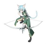  animal_ears arrow black_shorts blue_eyes blue_hair bow_(weapon) cat_ears cat_tail drawing_bow full_body highres holding holding_arrow holding_bow_(weapon) holding_weapon official_art outstretched_arm shorts simple_background sinon sinon_(sao-alo) solo sword_art_online sword_art_online:_code_register tail weapon white_background 