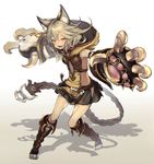  animal_ears arm_strap bare_shoulders belt boots breasts bukurote center_opening claw_(weapon) erune fang flipped_hair full_body gloves gradient gradient_background granblue_fantasy hip_vent hood knee_boots long_hair looking_at_viewer miniskirt open_mouth outstretched_arm paw_gloves paws red_eyes sen_(granblue_fantasy) shadow silver_hair skirt small_breasts solo thighs weapon 