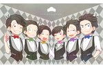  :&lt; :d alternate_eye_color alternate_hairstyle black_hair blue_eyes bow bowtie brothers copyright_name formal green_eyes grin heart heart_in_mouth male_focus matsuno_choromatsu matsuno_ichimatsu matsuno_juushimatsu matsuno_karamatsu matsuno_osomatsu matsuno_todomatsu money_gesture multiple_boys nightcat one_eye_closed open_mouth osomatsu-kun osomatsu-san pink_eyes purple_eyes red_eyes sextuplets sharp_teeth siblings sleeves_rolled_up smile teeth upper_body waistcoat watch wristwatch yellow_eyes 