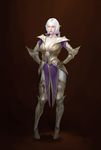  armor armored_boots artstation_sample bangku_an blue_eyes boots breasts cleavage collarbone contrapposto cowter full_body gloves hands_on_hips image_sample large_breasts lips pointy_ears realistic solo standing vambraces white_hair 