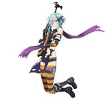  black_gloves black_shorts blue_eyes blue_hair elbow_gloves full_body gloves gun hair_ornament halloween highres holding holding_gun holding_weapon looking_at_viewer navel official_art purple_scarf rifle scarf short_hair short_shorts shorts simple_background sinon smile sniper_rifle solo striped striped_legwear sword_art_online sword_art_online:_code_register thighhighs weapon white_background 