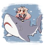  blonde_hair fingerless_gloves gloves great_white_shark hair_flaps hair_ornament hairclip kantai_collection long_hair red_eyes remodel_(kantai_collection) riding same_anko scarf school_uniform serafuku shark standing torpedo white_scarf yuudachi_(kantai_collection) 