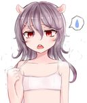  animal_ears bangs bra breasts buck_teeth collarbone commentary_request hair_between_eyes hair_ornament hairclip highres lavender_hair long_hair looking_at_viewer mouse_ears neit_ni_sei original red_eyes small_breasts solo strap_pull training_bra trembling underwear 