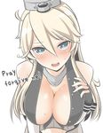  bad_id bad_nicoseiga_id bare_shoulders blonde_hair blue_eyes breasts cleavage collar commentary_request elbow_gloves fingerless_gloves gloves headgear iowa_(kantai_collection) kantai_collection large_breasts long_hair looking_at_viewer masupa_kiriu open_mouth simple_background solo star star-shaped_pupils symbol-shaped_pupils teeth white_background 