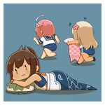  3girls ahoge ass back barefoot blonde_hair blue_swimsuit blush border brown_hair capriccyo chasing chibi clenched_hands crop_top fleeing flower food hair_flower hair_ornament holding i-401_(kantai_collection) i-58_(kantai_collection) kantai_collection kashiwa_mochi_(food) kodomo_no_hi koinobori long_hair looking_at_viewer lying mermaid mochi monster_girl multiple_girls on_back one-piece_swimsuit one-piece_tan open_mouth outstretched_arm pillow pink_flower pink_hair ponytail ro-500_(kantai_collection) sailor_collar short_sleeves simple_background sleeveless smile stuffed_toy swimsuit swimsuit_under_clothes tan tanline wagashi white_border 