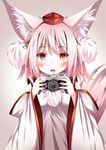  animal_ears bangs blush camera daidai_ookami detached_sleeves eyebrows eyebrows_visible_through_hair fangs hat inubashiri_momiji looking_at_viewer open_mouth pom_pom_(clothes) red_eyes simple_background solo tail tokin_hat touhou upper_body white_hair wide_sleeves wolf_ears wolf_tail 