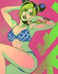  abs biceps bikini black_hair blonde_hair braid double_bun green_eyes green_lipstick hair_tie hand_on_head jojo_no_kimyou_na_bouken kuujou_jolyne lipstick makeup multicolored_hair polka_dot polka_dot_background sasha_gladysh single_braid smile solo stone_ocean swimsuit tattoo toned two-tone_hair 