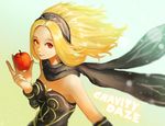  apple blonde_hair food fruit gravity_daze hirokima kat_(gravity_daze) red_eyes scarf 