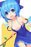  alternate_costume blue_dress blue_eyes blue_hair blush branch breasts cirno convenient_censoring downblouse dress dutch_angle hair_ribbon ice ice_wings looking_at_viewer mikan_(bananoha) open_mouth ribbon short_hair sleeveless small_breasts smile solo strap_slip touhou wings 