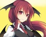  bat_wings black_vest blush breasts commentary_request demon_girl demon_wings head_wings koakuma long_hair looking_at_viewer medium_breasts nazuka_(mikkamisaki) necktie plaid plaid_neckwear red_eyes red_hair red_neckwear shirt smile solo touhou upper_body vest white_shirt wings 