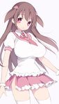  :o bangs blush bracer breasts brown_hair collared_shirt cowboy_shot eyebrows eyebrows_visible_through_hair frilled_skirt frills hair_ornament highres itsumi_(itumiyuo) large_breasts legs_apart long_hair looking_at_viewer maya_yukiko miniskirt necktie pink_neckwear pink_skirt pleated_skirt red_eyes saki saki_achiga-hen shirt short_sleeves simple_background skirt solo thighhighs two_side_up usuzan_school_uniform white_background white_legwear 