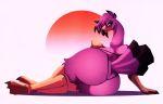  2019 anthro avian big_butt bikini bird breasts butt clothing female flamingo huge_butt looking_back lying on_side riendonut simple_background smile solo swimsuit thick_thighs 