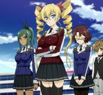  blonde_hair blue_eyes breasts claire_harvey dark_skin erica_candle highres hundred large_breasts liddy_steinberg multiple_girls skirt sky standing stitched uniform 