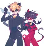  1girl adapted_costume adrien_agreste alternate_color animal_ears annoyed arm_up bad_id bad_pixiv_id bell black_bodysuit black_gloves black_hair blonde_hair bodysuit cat_ears cat_tail catboy catsuit chat_noir contrapposto cosplay cowboy_shot crossed_arms domino_mask elbow_gloves expressionless fang gloves half-closed_eyes highres inhye kemonomimi_mode ladybug_(character) magical_girl marinette_dupain-cheng mask miraculous_ladybug paw_pose pose simple_background standing superhero tail tooth white_background 