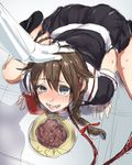  ahoge black_legwear black_serafuku blue_eyes blush bowl braid brown_hair dog_food hair_flaps hair_ornament hand_on_another's_head kantai_collection leash nose_blush open_mouth out_of_frame pet_bowl pet_play petting remodel_(kantai_collection) school_uniform serafuku shadow shigure_(kantai_collection) short_sleeves single_braid solo_focus tears yakitomeito 