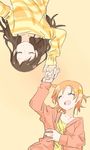  black_hair closed_eyes holding_hands idolmaster idolmaster_million_live! jacket kitazawa_shiho long_hair lying multiple_girls orange_background orange_hair shirt short_hair smile sweater yabuki_kana yabukitazawa 