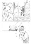  2girls admiral_(kantai_collection) cigarette comic crossover cup greyscale hakama houshou_(kantai_collection) japanese_clothes kantai_collection monochrome multiple_boys multiple_girls nagato_(kantai_collection) ponytail rinako saniwa_(touken_ranbu) silent_comic teacup touken_ranbu traditional_media 