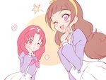  ;d ? akagi_towa amanogawa_kirara blush brown_hair go!_princess_precure hairband long_hair multiple_girls noble_academy_school_uniform one_eye_closed open_mouth pink_eyes precure purple_eyes school_uniform short_hair simple_background smile speech_bubble star toku_(ke7416613) twintails white_background 