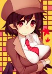  :3 blush breast_rest breasts brown_hair covered_nipples flat_cap hat jacket large_breasts leaf long_sleeves looking_at_viewer maple_leaf mikan_(bananoha) necktie off_shoulder pointy_ears red_eyes shameimaru_aya shirt short_hair smile solo touhou upper_body wings 