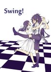  1girl blush bow checkered checkered_floor closed_eyes dancing dress english female_saniwa_(touken_ranbu) fudou_yukimitsu hair_bow interlocked_fingers kneehighs open_mouth ponytail purple_hair saniwa_(touken_ranbu) shorts smile suspenders touken_ranbu tsugumi_(uzurabird) 