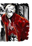  behind_back blue_eyes closed_mouth dante_(devil_may_cry) devil_may_cry jacket long_sleeves looking_at_viewer male_focus miwa_shirou open_clothes open_jacket red_jacket sketch smirk solo weapon weapon_on_back white_hair 