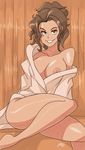  areolae bare_shoulders bigdead93 breasts breasts_outside brown_eyes brown_hair character_request goldeneye_007 grin highres large_breasts long_hair naked_robe nipple_slip nipples one_breast_out sitting smile solo 