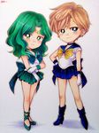  bishoujo_senshi_sailor_moon blonde_hair blue_choker blue_eyes blue_sailor_collar blue_skirt boots choker circlet earrings full_body gloves green_eyes green_hair green_skirt high_heel_boots high_heels highres jewelry kaiou_michiru kameron marker_(medium) miniskirt multiple_girls outer_senshi outline pleated_skirt ribbon sailor_collar sailor_neptune sailor_senshi sailor_senshi_uniform sailor_uranus short_hair signature skirt smile strappy_heels ten'ou_haruka traditional_media very_short_hair white_gloves 