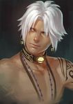  blue_eyes collar dark_skin dark_skinned_male earrings facial_hair final_fantasy final_fantasy_xiv highres hyur jewelry looking_to_the_side male_focus shirtless skyfiss solo stubble tattoo upper_body white_hair 