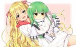  :/ :d blonde_hair blue_eyes blush blush_stickers c.c. character_doll code_geass doll_hug green_hair hair_ribbon hood hooded_sweater long_hair looking_at_viewer open_mouth original outline red_ribbon ribbon sleeves_past_wrists smile straitjacket sweater two_side_up very_long_hair yana_mori yellow_eyes 