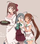  3girls :d ahoge apron artist_name blue_hair blush bow bowtie brown_eyes brown_hair clothes_writing commentary dated dress food grey_eyes grey_hair hair_between_eyes hair_bow hair_ribbon hand_on_another's_arm highres index_finger_raised kantai_collection kappougi kashiwa_mochi_(food) kiyoshimo_(kantai_collection) kodomo_no_hi libeccio_(kantai_collection) long_hair low_twintails mamiya_(kantai_collection) multicolored_hair multiple_girls neckerchief open_mouth ribbon riz_(ravel_dc) sailor_dress shirt simple_background sleeveless sleeveless_dress smile striped striped_neckwear translated tray twintails twitter_username very_long_hair white_shirt 