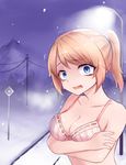  absurdres bangs blonde_hair blue_eyes bra breasts cleavage commentary_request crossed_arms crying crying_with_eyes_open highres looking_at_viewer medium_breasts mountain neit_ni_sei open_mouth original ponytail self_hug solo tears telephone_pole tree trembling underwear winter 