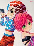  1girl animal_print back-to-back bare_shoulders black_eyes bra chibi choker crop_top green_eyes guido_mista gun handgun hat highres jojo_no_kimyou_na_bouken kameron marker_(medium) open_mouth pink_hair short_hair signature smile sweater tiger_print traditional_media trish_una turtleneck underwear vento_aureo weapon 