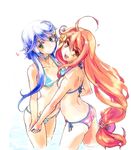  :d ahoge ass bikini blue_bikini blue_hair breasts chikuwa_(tks) crescent crescent_hair_ornament green_eyes hair_ornament heart holding_hands kantai_collection long_hair looking_at_viewer medium_breasts multiple_girls open_mouth partially_submerged pink_bikini red_hair short_hair_with_long_locks small_breasts smile striped striped_bikini swimsuit uzuki_(kantai_collection) very_long_hair water yayoi_(kantai_collection) yellow_eyes 
