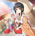  :/ :o apron bangs bench black_hair blush bow bowl bush carrying cherry_blossoms cloud cup dango day dress dutch_angle floral_print food glasses hair_bow hair_ornament hairclip hanami japanese_clothes kimono lamppost long_hair long_sleeves looking_at_viewer multiple_girls neck_ribbon obi open_mouth oriental_umbrella original outdoors parasol petals pink_dress pink_hair ribbon sanshoku_dango sash scenery short_hair sitting skirt sky smile spring_(season) tray tree twintails umbrella wa_maid wagashi waitress yukata yume_no_owari zouri 