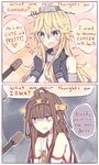  2koma ahoge bags_under_eyes blonde_hair blue_eyes blush brown_hair comic double_bun english headband heart heart_in_mouth highres interview iowa_(kantai_collection) kantai_collection kongou_(kantai_collection) kvlen microphone multiple_girls shaded_face star star-shaped_pupils symbol-shaped_pupils 